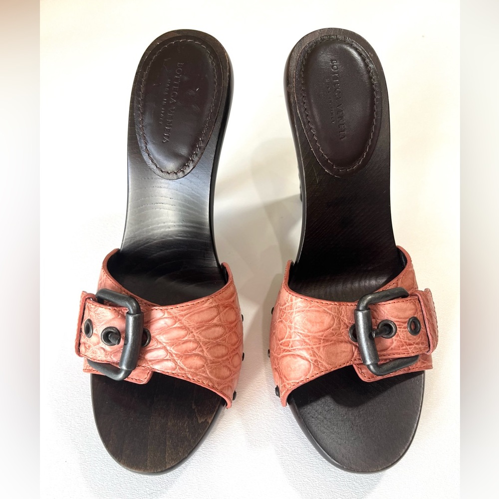 Bottega Veneta croc embossed buckle front sandal